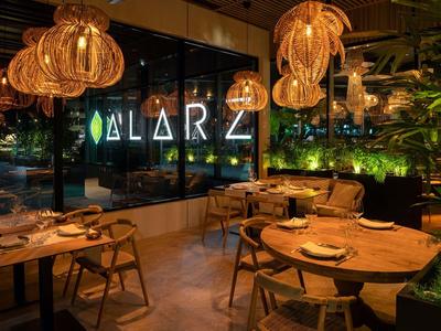 Ristorante accogliente con luce calda, mobili in legno e parete verde la sera.