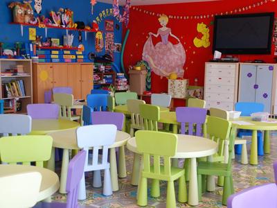 Bunt eingerichteter Kindergartenraum mit bunten Tischen, Stühlen und Spielzeugregalen.