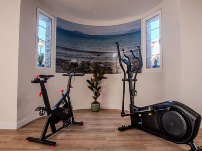 Room with two exercise machines, plants, and large landscape photo on the wall