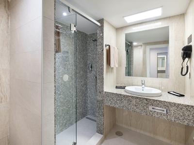 Bagno luminoso con lavabo in granito e doccia in vetro in una camera d'hotel.