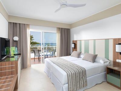 Camera d'hotel moderna con letto matrimoniale, TV, balcone e vista sul verde.