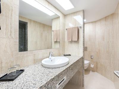 Bagno moderno con lavabo in pietra, grande specchio e rivestimenti murali beige.