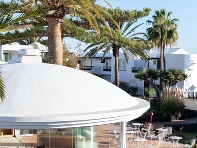 Café al aire libre con sillas y mesas blancas bajo palmeras en un día soleado.
