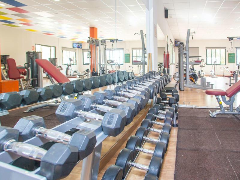 Ein Fitnessstudio mit vielen Hanteln, Spiegelwand und Trainingsgeräten in hellem Raum.