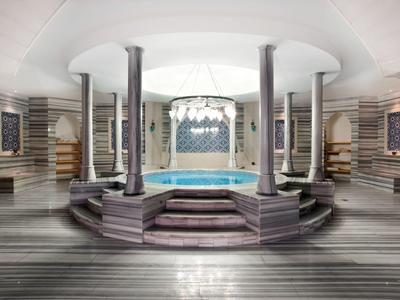 Elegante ronde zwembad in een lichte wellnessruimte met zuilen en een ontspannende sfeer.