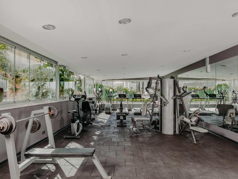 Lichte fitnessruimte met diverse trainingsapparatuur en grote ramen met uitzicht op groen.