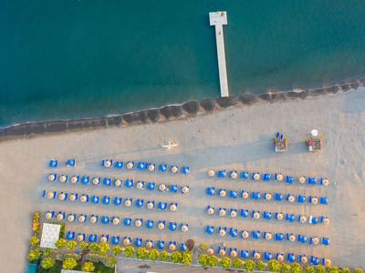 Vista aerea di una spiaggia con file di ombrelloni blu e un pontile sull'acqua.
