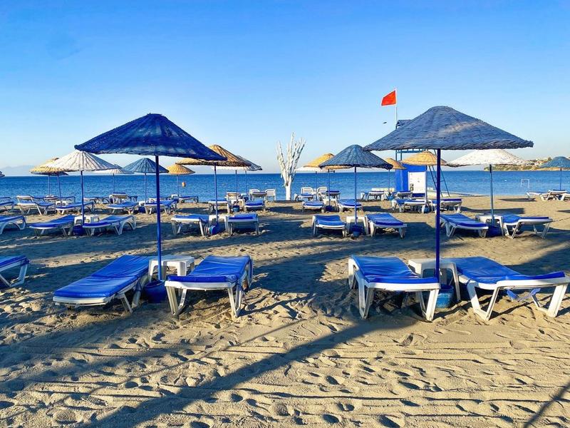 Spiaggia sabbiosa con lettini blu e ombrelloni vicino al mare sotto un cielo limpido