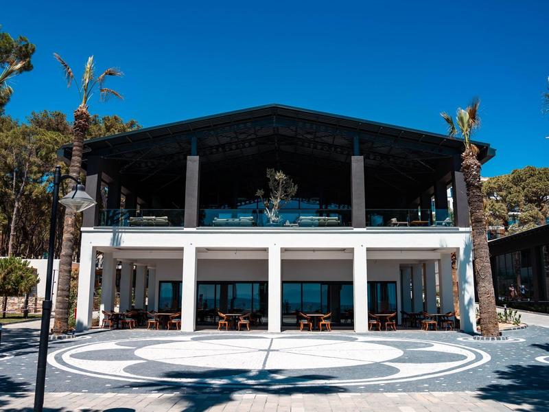 Nowoczesny dwupiętrowy budynek z przestrzenią na zewnątrz i palmami w słońcu.