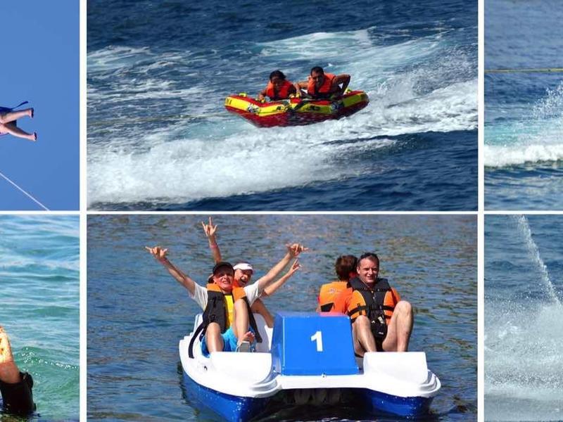 Collage showing activities like parachuting, jet skiing, diving, and water skiing on vacation.