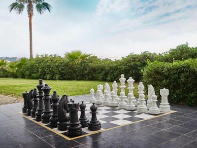 Großes Schachspiel im Freien auf einer Terrasse neben Palmen und Grünfläche.