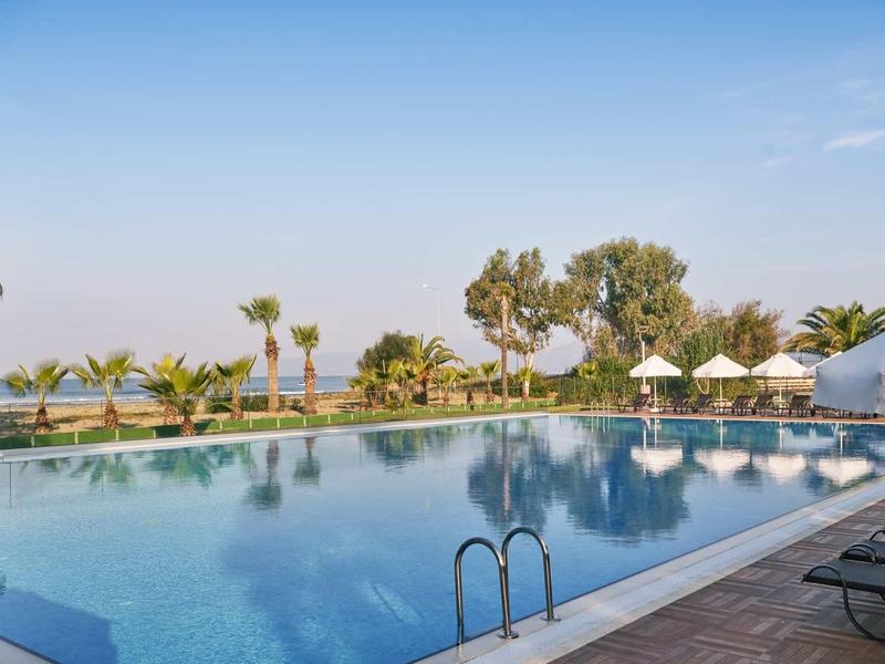 Venkovní bazén s lehátky, slunečníky a palmami pod jasnou oblohou.