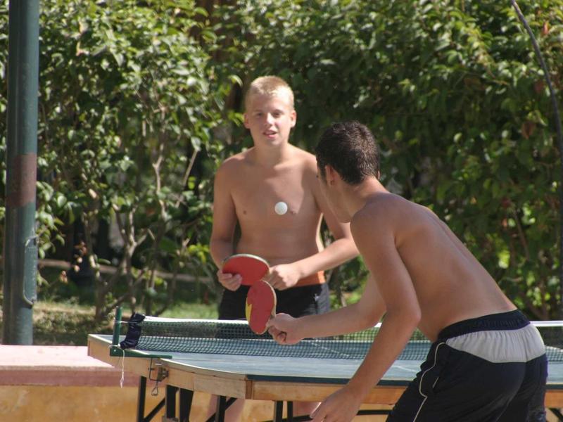 Zwei junge Männer spielen draußen Tischtennis, umgeben von grünem Laub bei sonnigem Wetter.