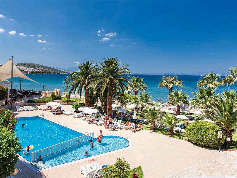 Large swimming pool with lounge chairs and palm trees by the sea under a blue sky.