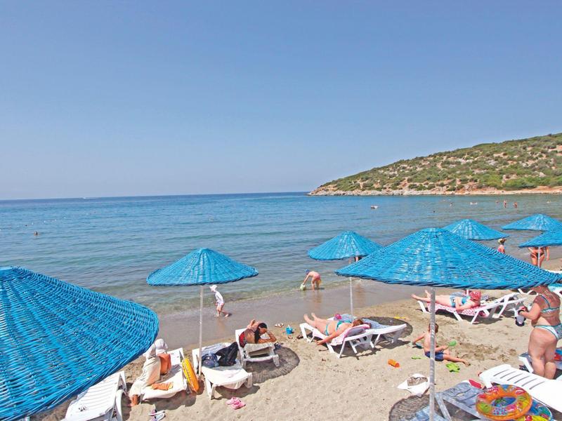 Beach with blue umbrellas and sun loungers beside calm sea and green hill.