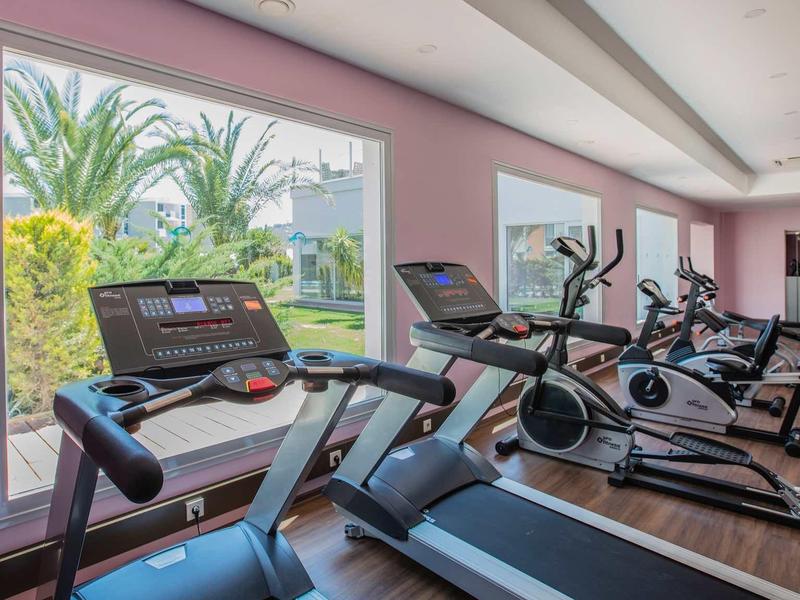 Modern gym with treadmills and fitness equipment, view of garden with palm trees.