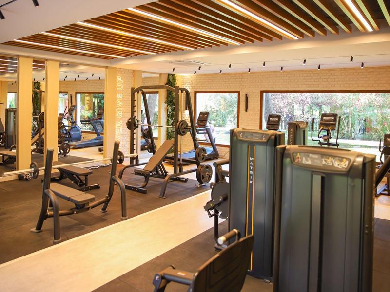 Gimnasio del hotel luminoso con diversas máquinas de ejercicio y grandes ventanales con vista al jardín.