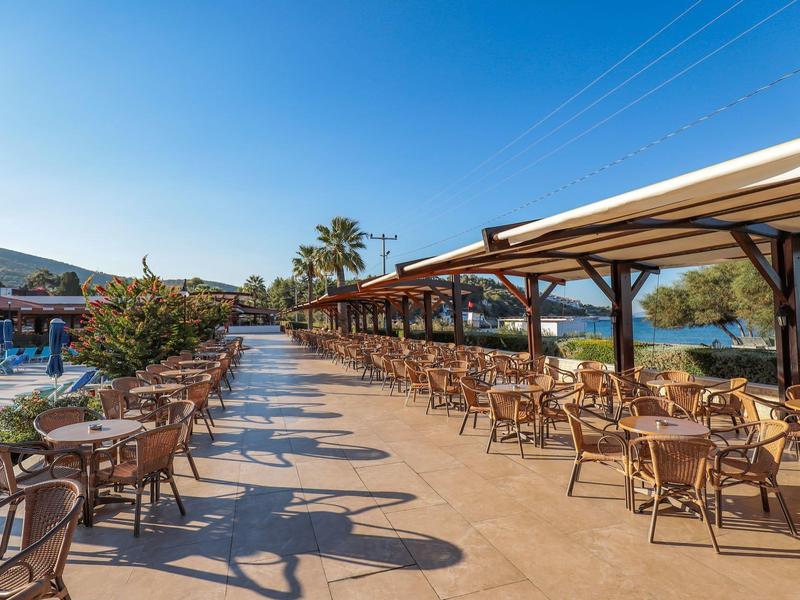 Restaurante al aire libre con mesas y sillas de madera en un día soleado y cielo azul.