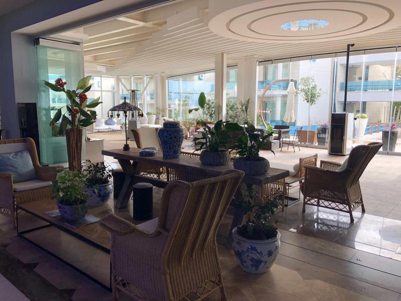 Heller Wintergarten mit vielen Pflanzen, Holz- und Korbmöbeln, großen Fenstern und gemütlicher Atmosphäre.