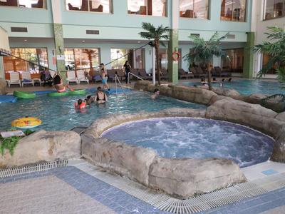 Innenbereich mit Schwimmbad, Whirlpool, Felsen, Pflanzen und Kindern beim Spielen im Wasser.