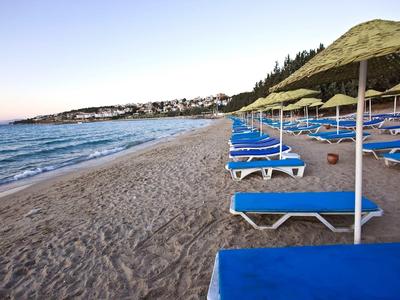 Strand mit blauen Liegen und sandigem Ufer, ruhiges Meer und bewaldete Küste im Hintergrund.