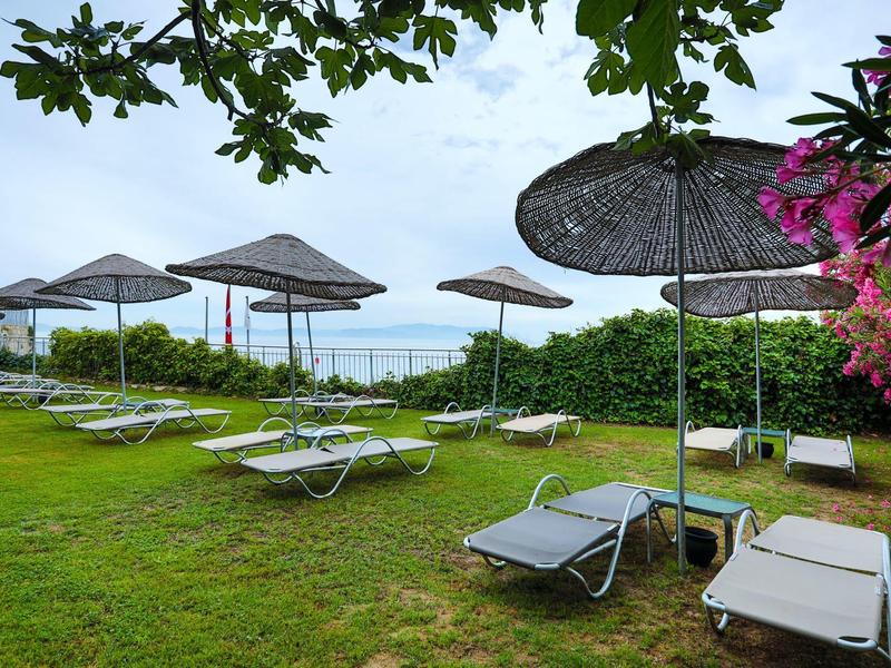Lawn with lounge chairs and umbrellas near a body of water under a partly cloudy sky.