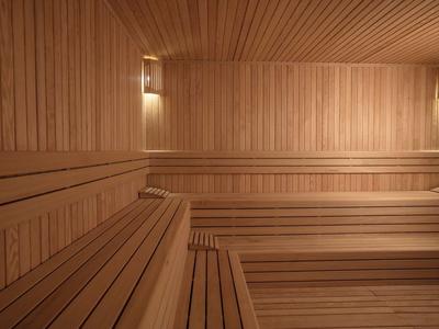 Houten sauna met meertraps banken en warm indirect licht