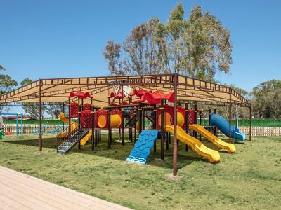 Kleurrijke kinderspeelplaats met glijbanen en klimrekken op een grasveld.