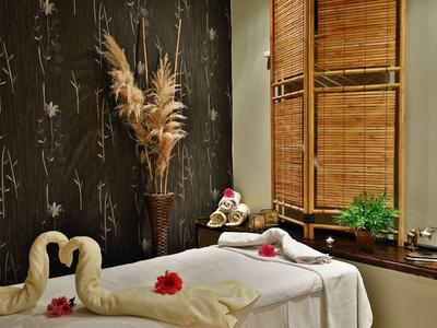 Ein ruhiger Spa-Raum mit zwei massageliegen, verzierten Handtüchern und natürlicher Deko.
