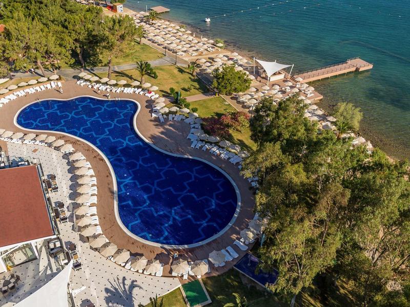 Großer, geschwungener Pool mit blauen Fliesen, umgeben von Sonnenschirmen und Palmen am Meerufer.