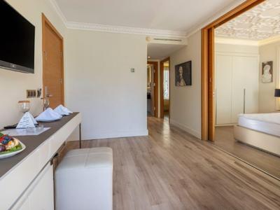 Moderne hotelkamer gang met lichte houten vloeren en uitzicht op slaapkamer.