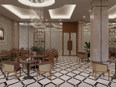 Elegante sala da pranzo dell'hotel con pavimento in marmo, lampadari e sedie eleganti