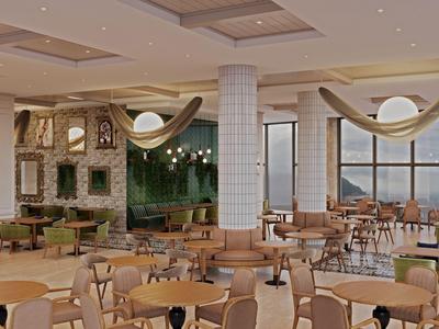 Sala da pranzo moderna con sedie in legno e vista attraverso grandi finestre.