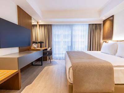 Camera d'hotel moderna con grande letto, TV a schermo piatto e scrivania vicino a una finestra con tende.