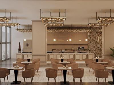 Ristorante moderno con sedie marroni, tavoli e illuminazione elegante in un'atmosfera calda.