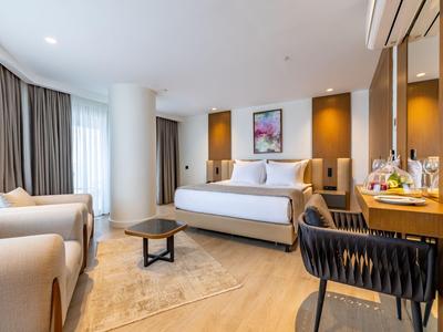 Camera d'hotel luminosa con letto matrimoniale, due poltrone, scrivania e grandi finestre con tende.