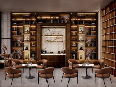 Zona pranzo elegante con sedie marroni, tavoli rotondi e scaffali in legno illuminati.