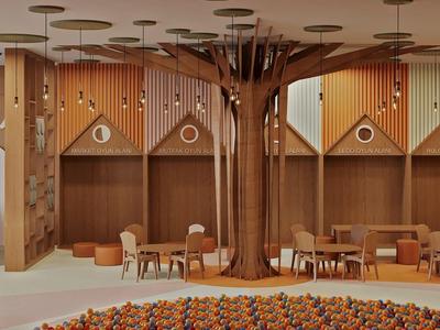 Accogliente area moderna per bambini con mobili in legno e decorazioni a forma di albero in un hotel.