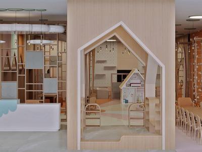 Sala riunioni moderna con tavolo in legno, sedie e design geometrico delle pareti.