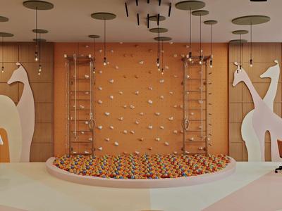 Area giochi moderna con parete da arrampicata, materassino da bouldering e figure di animali stilizzati in toni caldi.