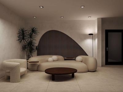 Soggiorno moderno con mobili beige e tavolino rotondo marrone davanti a una decorazione murale strutturata.