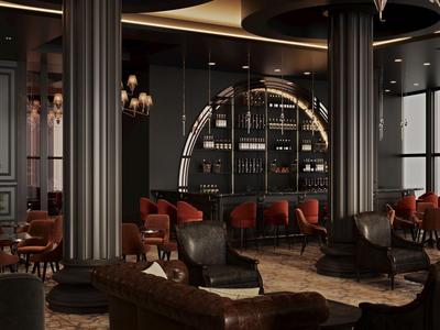 Bar d'hotel elegante con colonne scure, poltrone in pelle e bar rotondo ben fornito.
