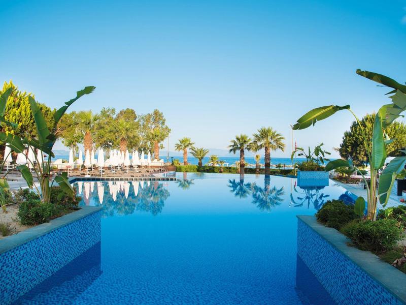 Grande piscina azzurra chiara circondata da palme e piante tropicali sotto un cielo limpido.