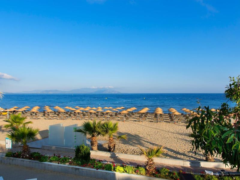 Spiaggia soleggiata con ombrelloni di paglia, palme e mare calmo blu sotto un cielo terso.