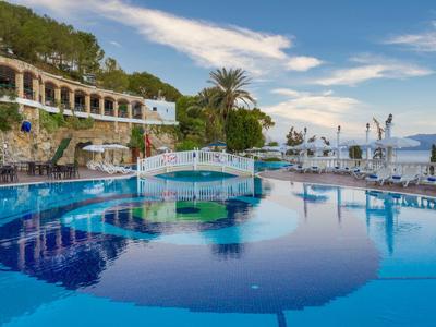 Großer blauer Pool mit weißer Brücke, Palmen und Sitzgelegenheiten an einem sonnigen Tag.