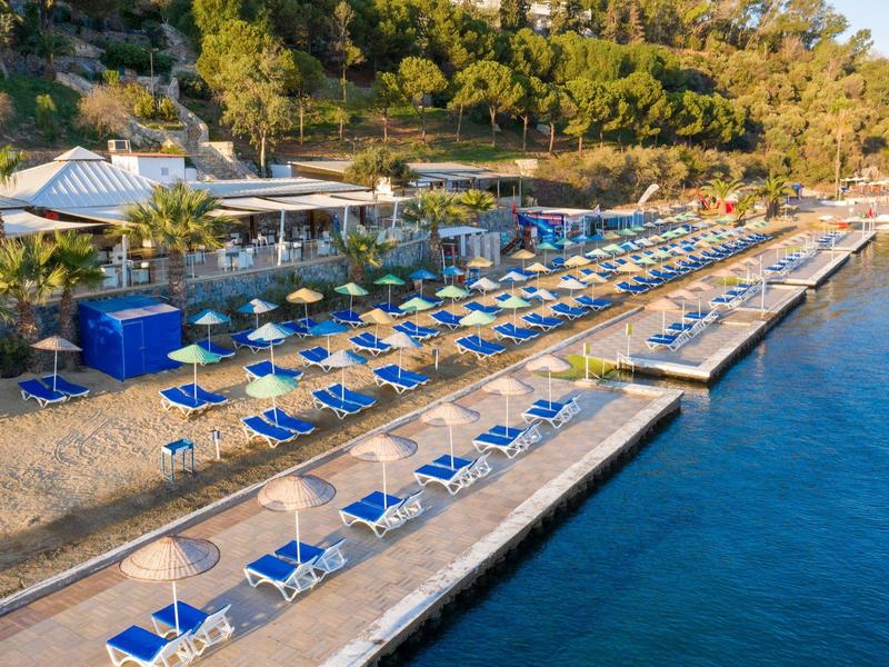 Pláž s řadami modrých lehátek a bílých slunečníků u průzračné vody.