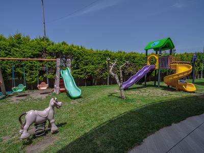 Children's playground with slides, swings, and a donkey statue on green grass under a clear sky.
