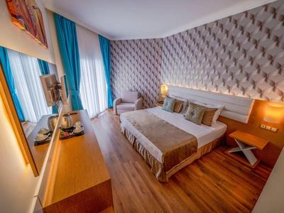 Cozy hotel room with a double bed, patterned wallpaper, blue curtains, and wooden furniture.