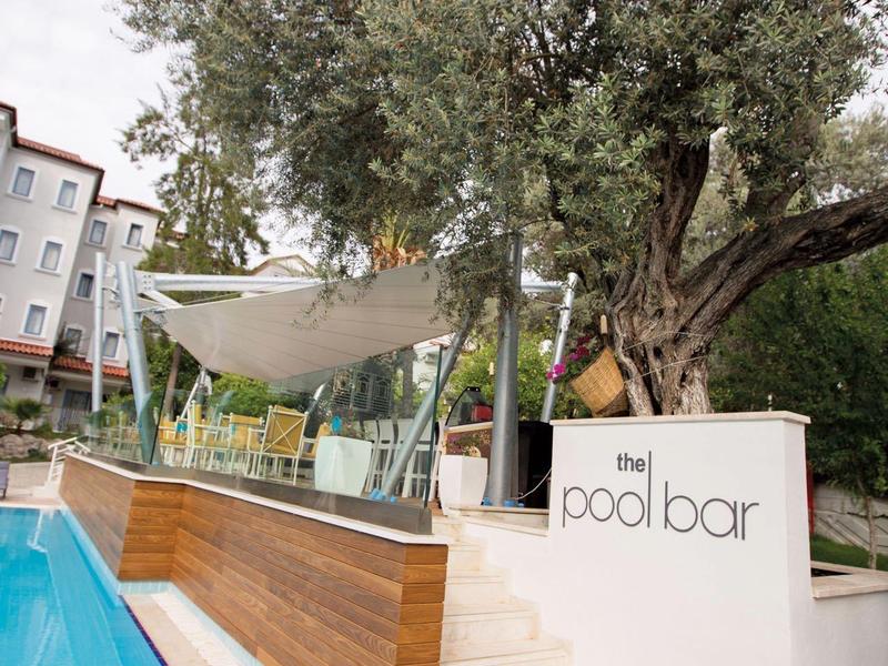 Espace piscine moderne avec eau bleue, décor en bois et grands arbres en arrière-plan.