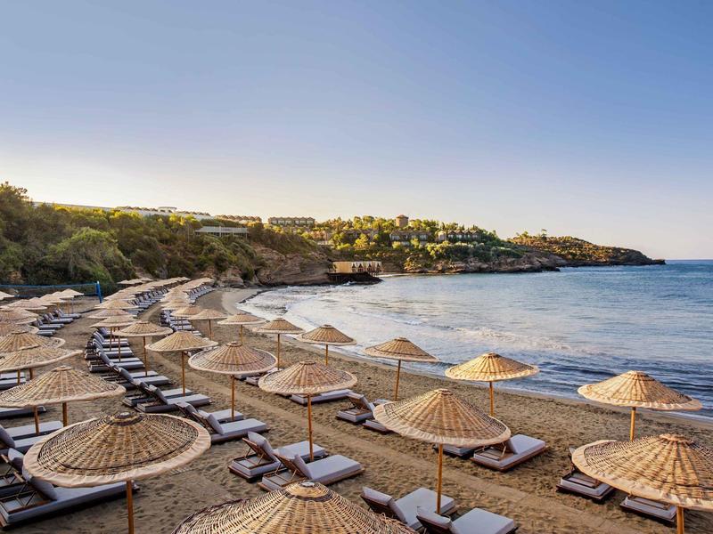 Spiaggia con lettini e ombrelloni di paglia lungo il mare calmo sotto un cielo sereno.
